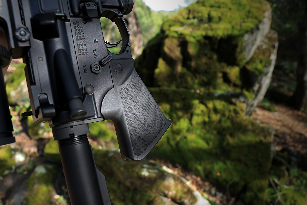 Sparrow Dynamics Featureless Grip Colt Competition Rifle on moss rock